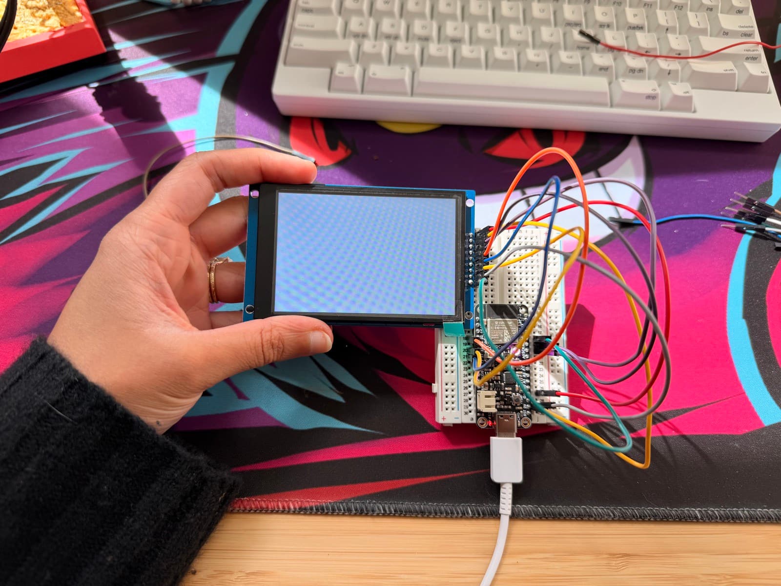 The wired-up display held in hand showing only its lit backlight, no image yet
