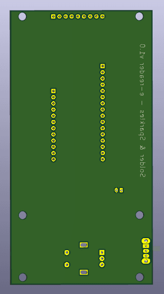 3D render of the e-reader PCB back: solid copper ground pour with 'Solder & Sparkles β e-reader v1.0' in silkscreen
