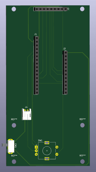 3D render of the e-reader PCB front: sockets for the Feather and display, rotary encoder pads on the control deck, slide switch at the edge